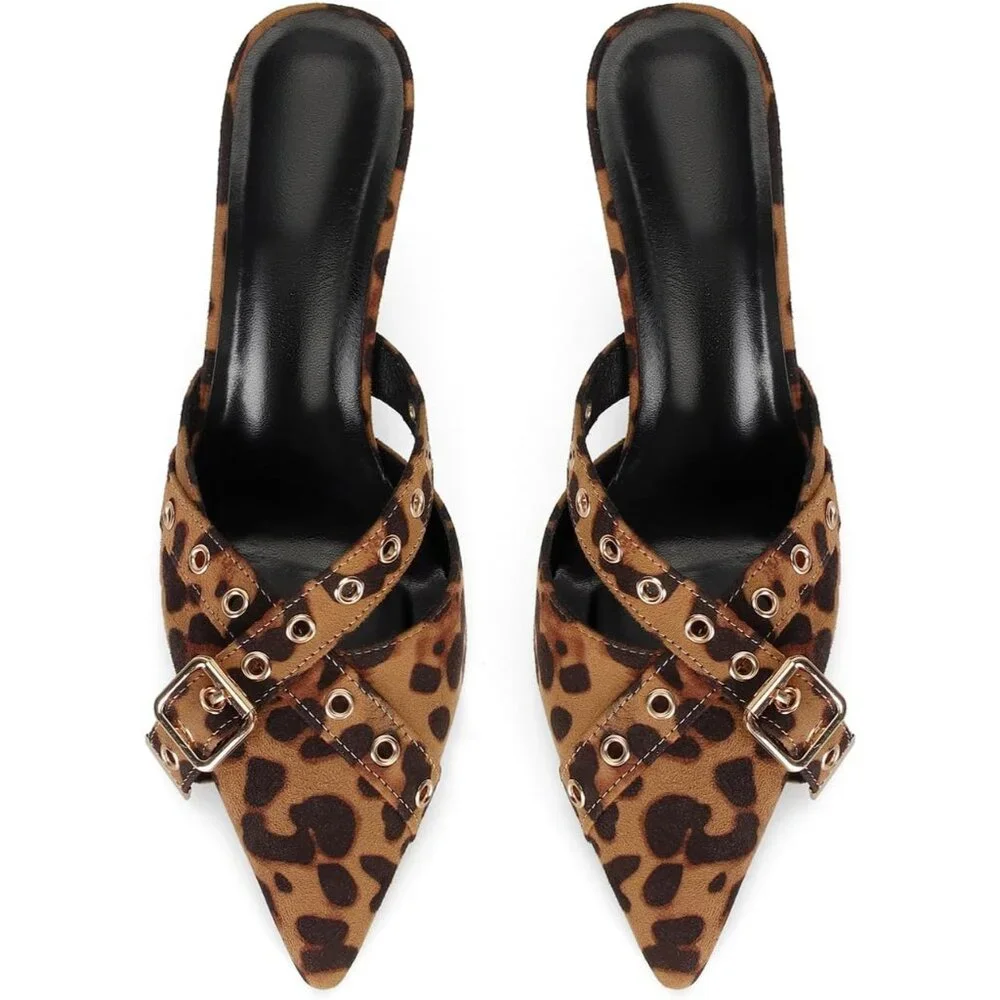 Women's Leopard Print Pointed Closed Toe Dressy Bow Heel Vintage Heeled Mules - Picture 6 of 7